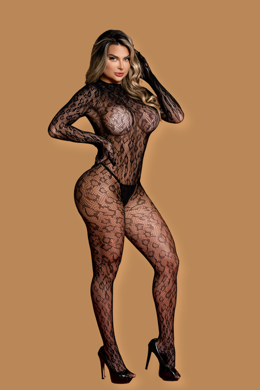Macacão Bodystocking Estampa Felina