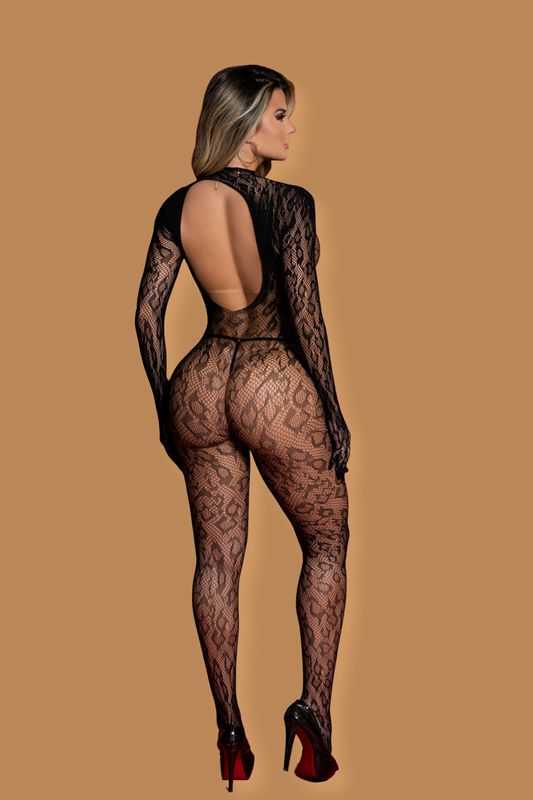 Macacão Bodystocking Estampa Felina